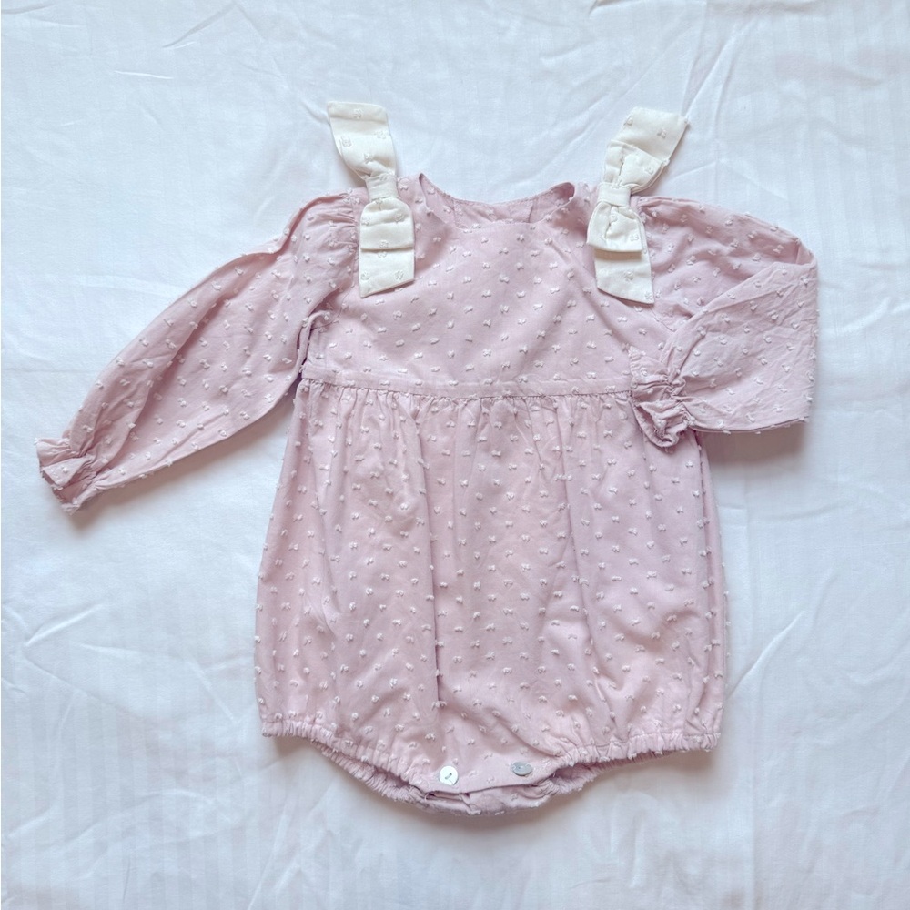 Pink Baby Romper with Cream Bow Straps, sz 18 months